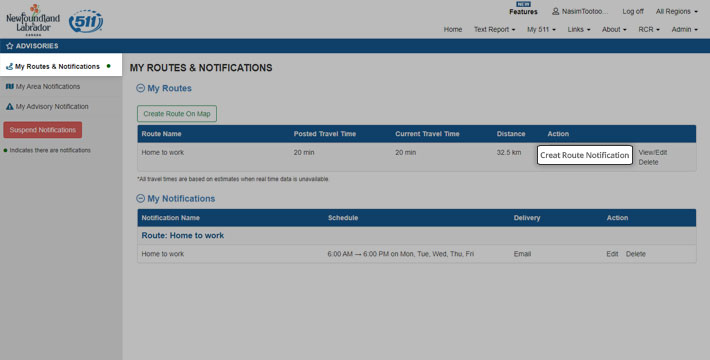 Creating notification for your route