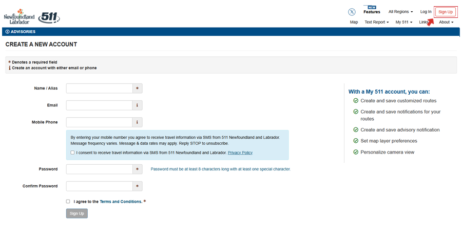 Signing up with 511NL