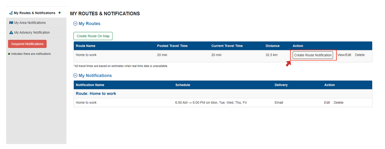 Creating a notification for your route